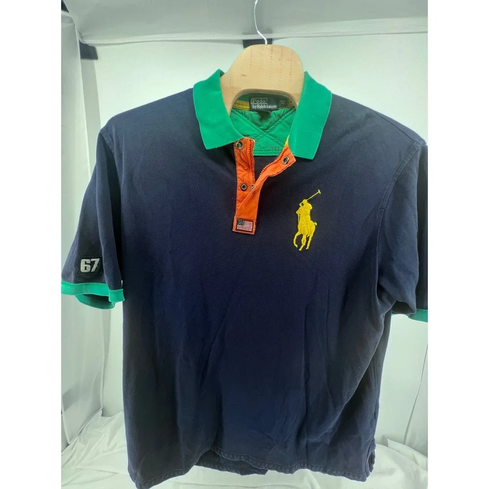 Polo Ralph Lauren Men 2XLT Colorblock Big Pony Polo Shirt Navy Blue Green Orange